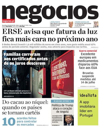 Primeira página do Negócios de 15 de abril de 2025