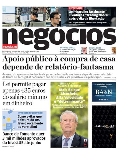 Primeira página do Negócios de 21 de abril de 2025