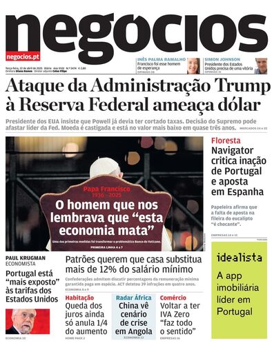 Primeira página do Negócios de 22 de abril de 2025