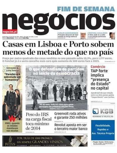 Primeira página do Negócios de 24 de abril de 2025