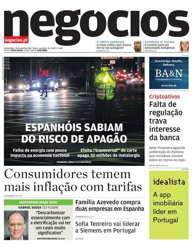 Primeira página do Negócios de 30 de abril de 2025