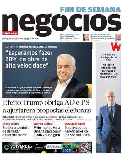 Primeira página do Negócios de 2 de maio de 2025