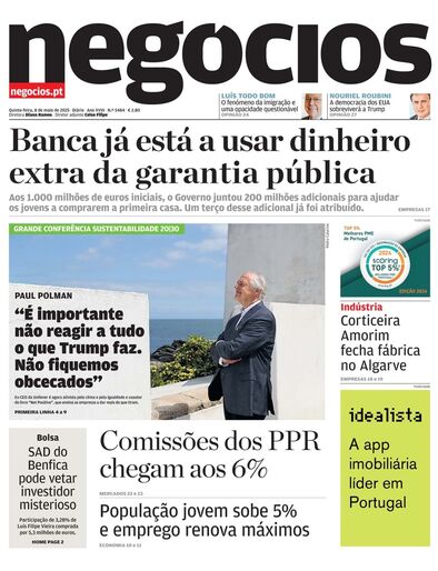 Primeira página do Negócios de 08 de maio de 2025