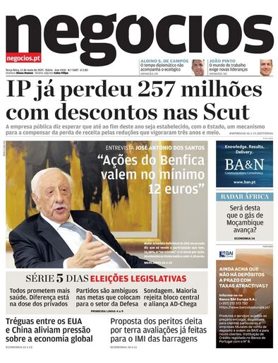 Primeira página do Negócios de 13 de maio de 2025