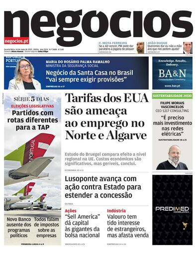 Primeira página do Negócios de 14 de maio de 2025