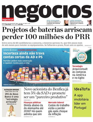 Primeira página do Negócios de 15 de maio de 2025