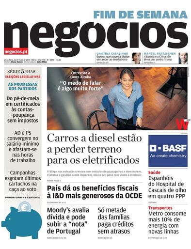 Primeira página do Negócios de 16 de maio de 2025