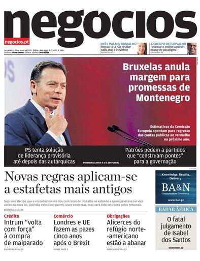 Primeira página do Negócios de 20 de maio de 2025