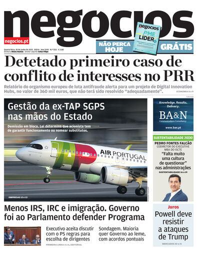 Primeira página do Negócios de 18 de junho de 2025