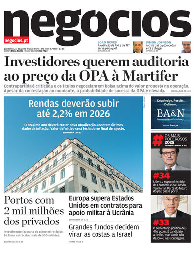 Primeira página do Negócios de 13 de agosto de 2025