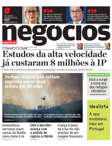 Primeira página do Negócios de 27 de agosto de 2025