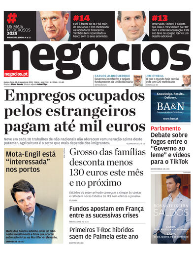 Primeira página do Negócios de 28 de agosto de 2025