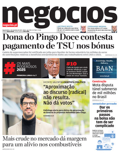Primeira página do Negócios de 1 de setembro de 2025