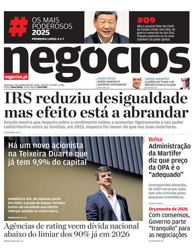 Primeira página do Negócios de 2 de setembro de 2025