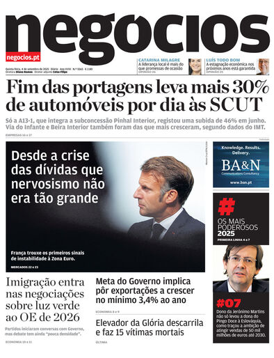 Primeira página do Negócios de 4 de setembro de 2025