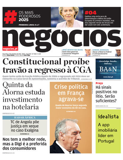 Primeira página do Negócios de 9 de setembro de 2025