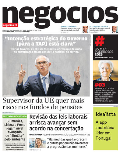 Primeira página do Negócios de 10 de setembro de 2025