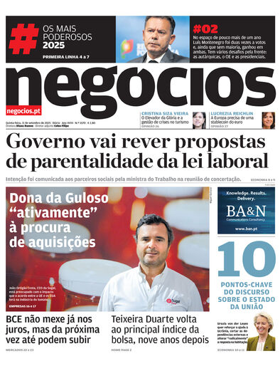 Primeira página do Negócios de 11 de setembro de 2025