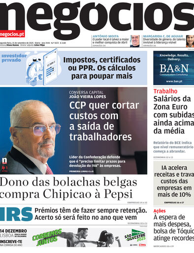 Primeira página do Negócios de 15 de setembro de 2025