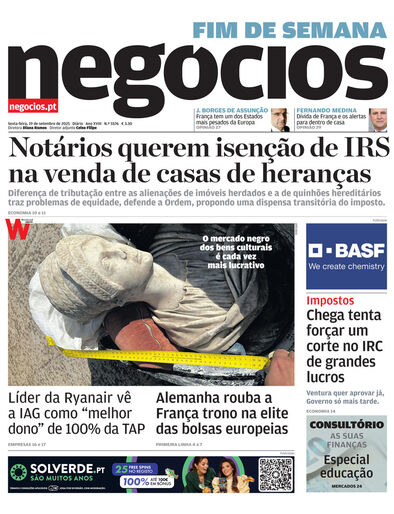 Primeira página do Negócios de 19 de setembro de 2025