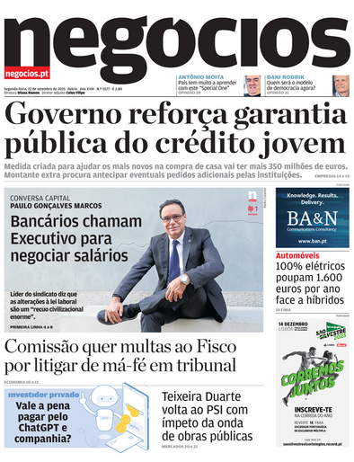 Primeira página do Negócios de 22 de setembro de 2025