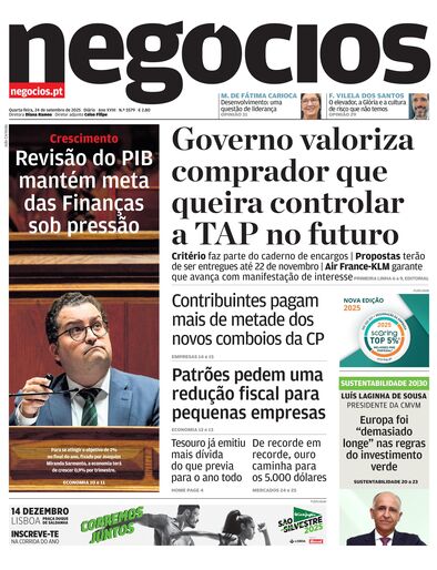 Primeira página do Negócios de 24 de setembro de 2025