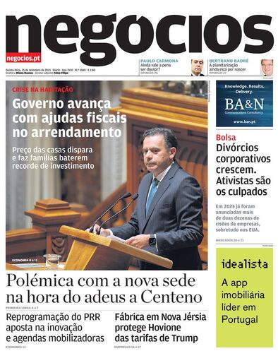 Primeira página do Negócios de 25 de setembro de 2025