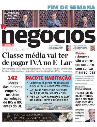 Primeira página do Negócios de 26 de setembro de 2025