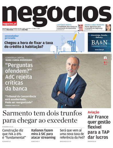 Primeira página do Negócios de 29 de setembro de 2025