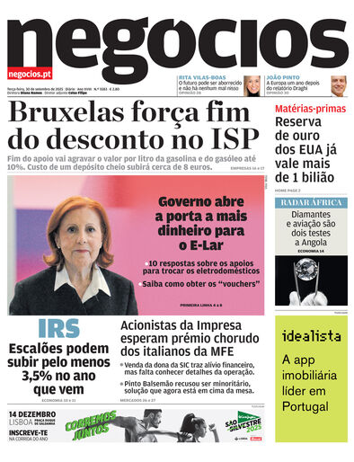 Primeira página do Negócios de 30 de setembro de 2025