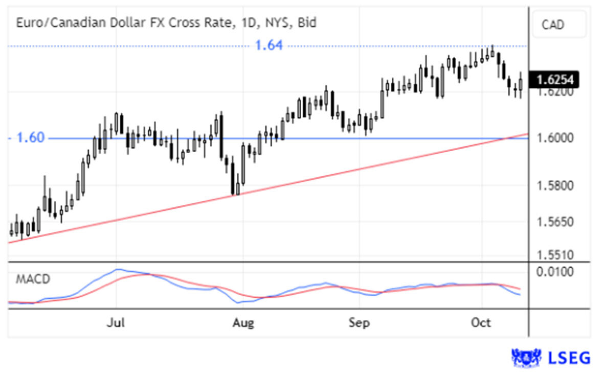 Euro face ao dólar canadiano com taxa de câmbio FX a 1.6254