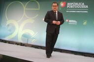 O ministro Miranda Sarmento na conferência de apresentação do OE2026