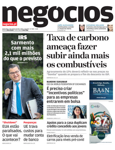 Primeira página do Negócios de 2 de outubro de 2025