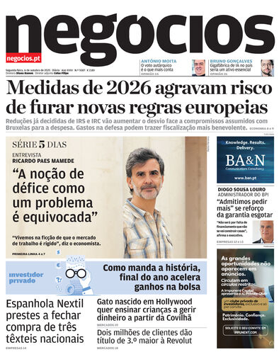 Primeira página do Negócios de 6 de outubro de 2025