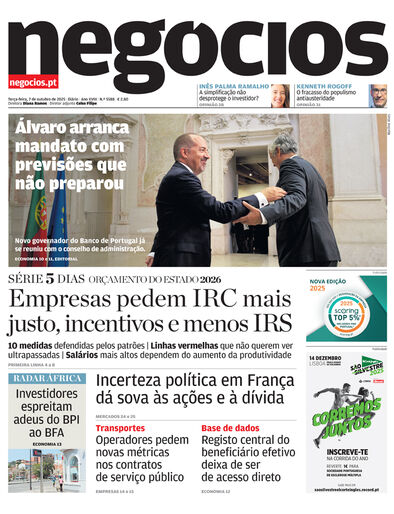 Primeira página do Negócios de 7 de outubro de 2025