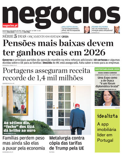 Primeira página do Negócios de 8 de outubro de 2025