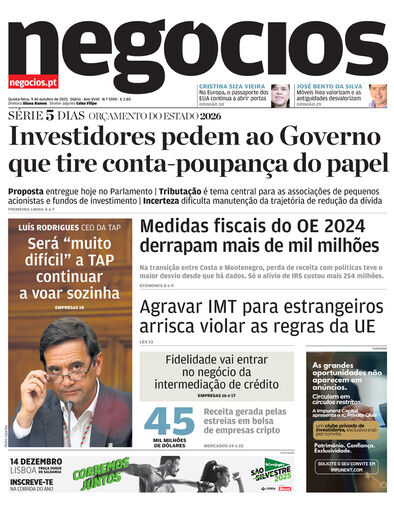 Primeira página do Negócios de 9 de outubro de 2025