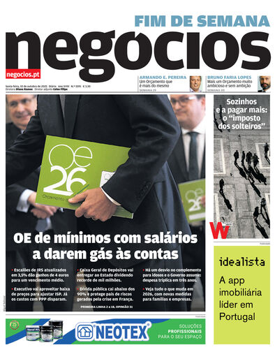 Primeira página do Negócios de 10 de outubro de 2025