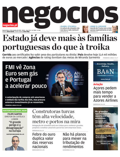Primeira página do Negócios de 15 de outubro de 2025