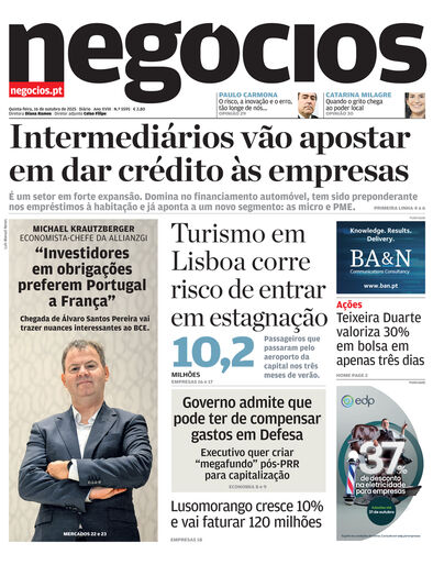 Primeira página do Negócios de 16 de outubro de 2025