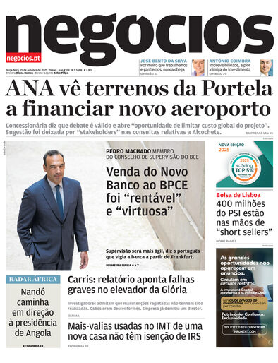 Primeira página do Negócios de 21 de outubro de 2025