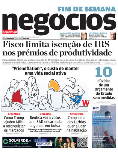 Primeira página do Negócios de 24 de outubro de 2025