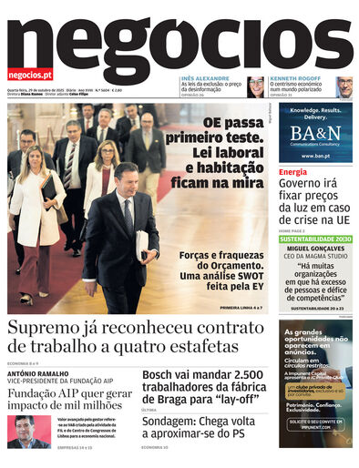 Primeira página do Negócios de 29 de outubro de 2025