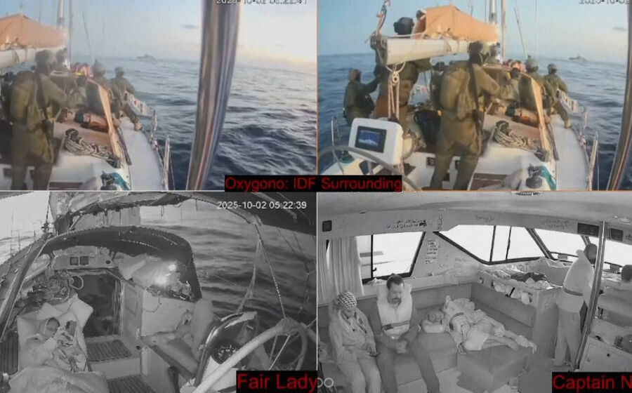 Militares israelitas entram em barco da flotilha para Gaza.