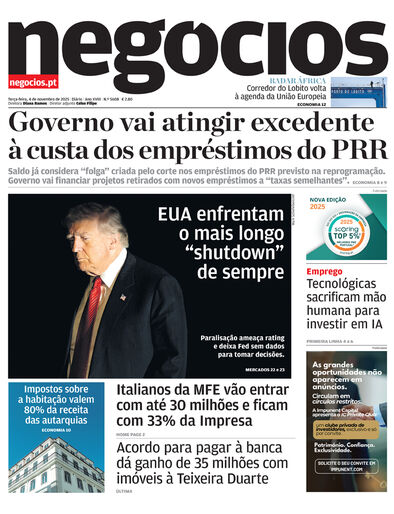 Primeira página do Negócios de 4 de novembro de 2025