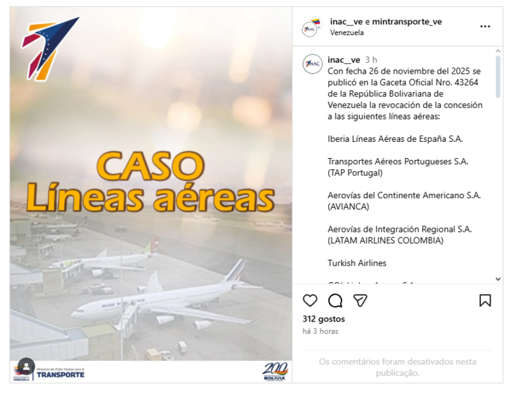 Venezuela proíbe voos da TAP e outras transportadoras aéreas para o país