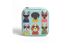 Caixa azul turquesa com ilustrações de cães estilosos