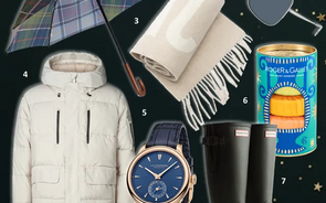 Sugestões de presentes: casaco, guarda-chuva, óculos, relógio e galochas Hunter