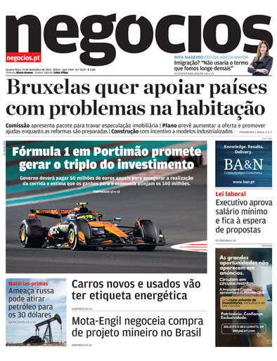 Primeira página do Negócios de 17 de dezembro de 2025