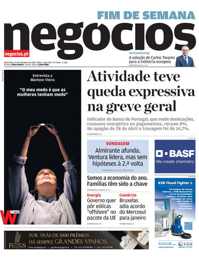 Primeira página do Negócios de 19 de dezembro de 2025